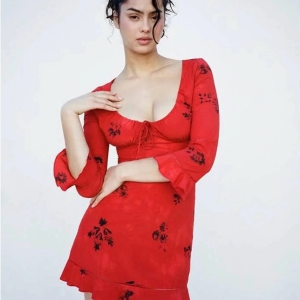 Realisation Par Red and Black Ruffled Bodycon Mini Dress